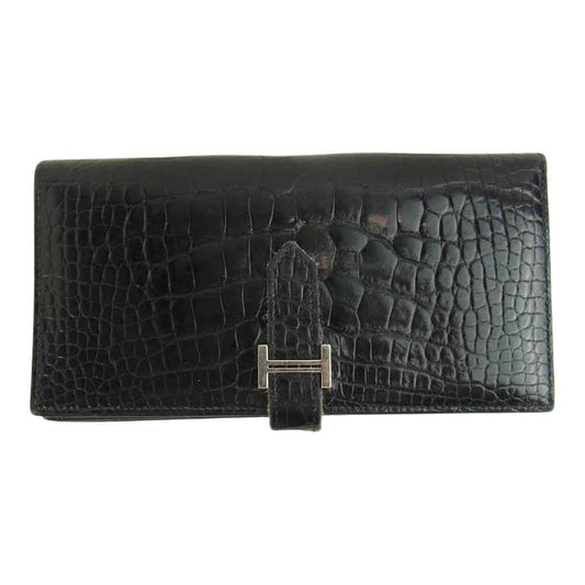 HERMES エルメス ベアン クロコダイル シルバー金具 □M刻印 09年製 ブラック系【中古】