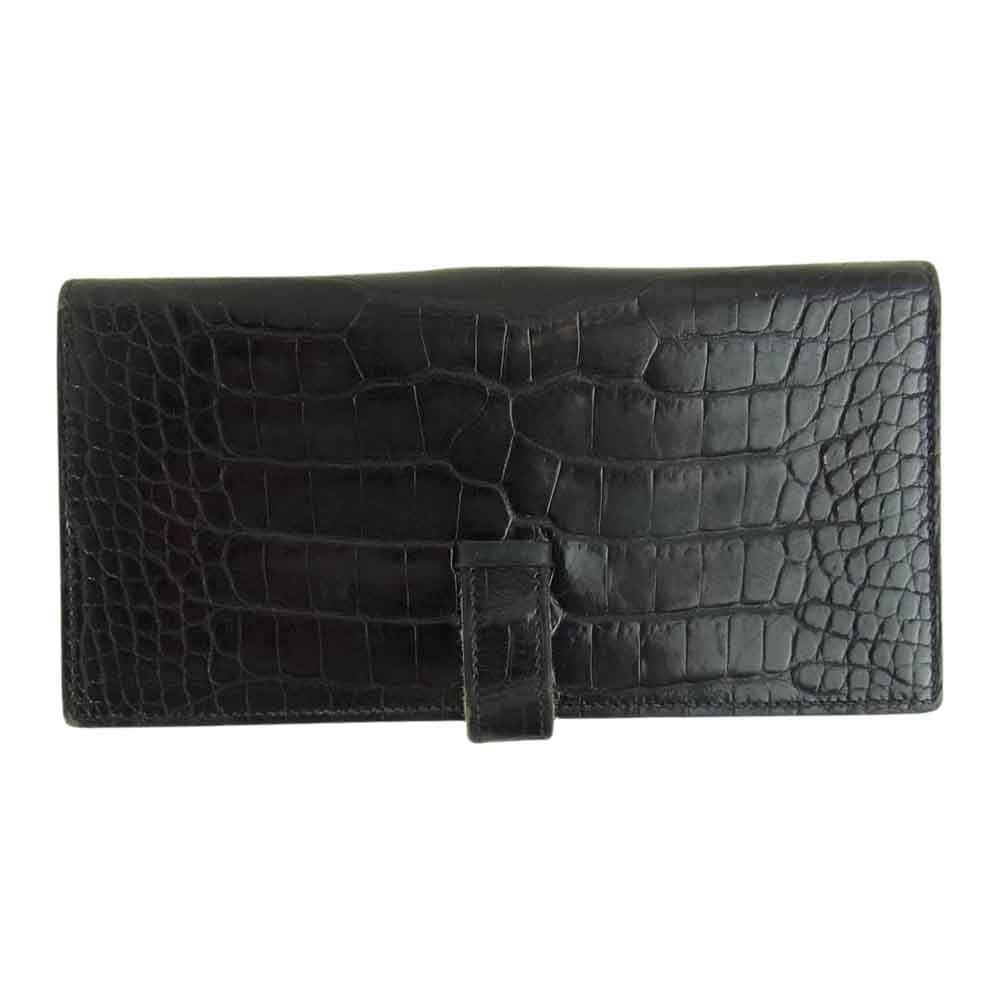 HERMES エルメス ベアン クロコダイル シルバー金具 □M刻印 09年製 ブラック系【中古】