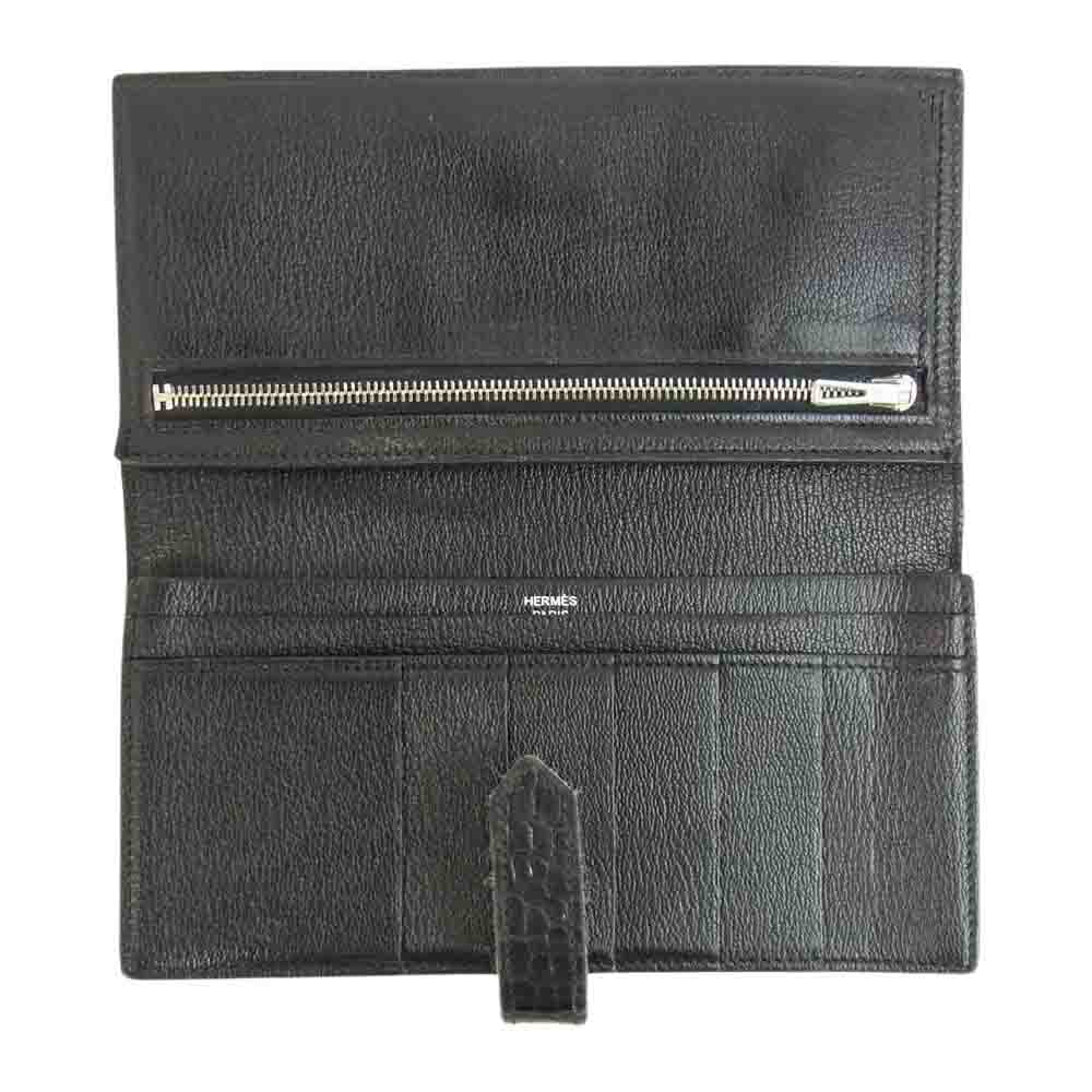HERMES エルメス ベアン クロコダイル シルバー金具 □M刻印 09年製 ブラック系【中古】