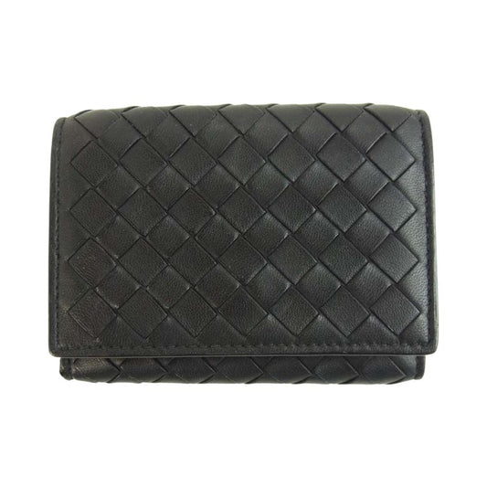 BOTTEGAVENETA ボッテガヴェネタ 550306 イントレチャート 三つ折り コンパクト レザー ウォレット ブラック系【中古】