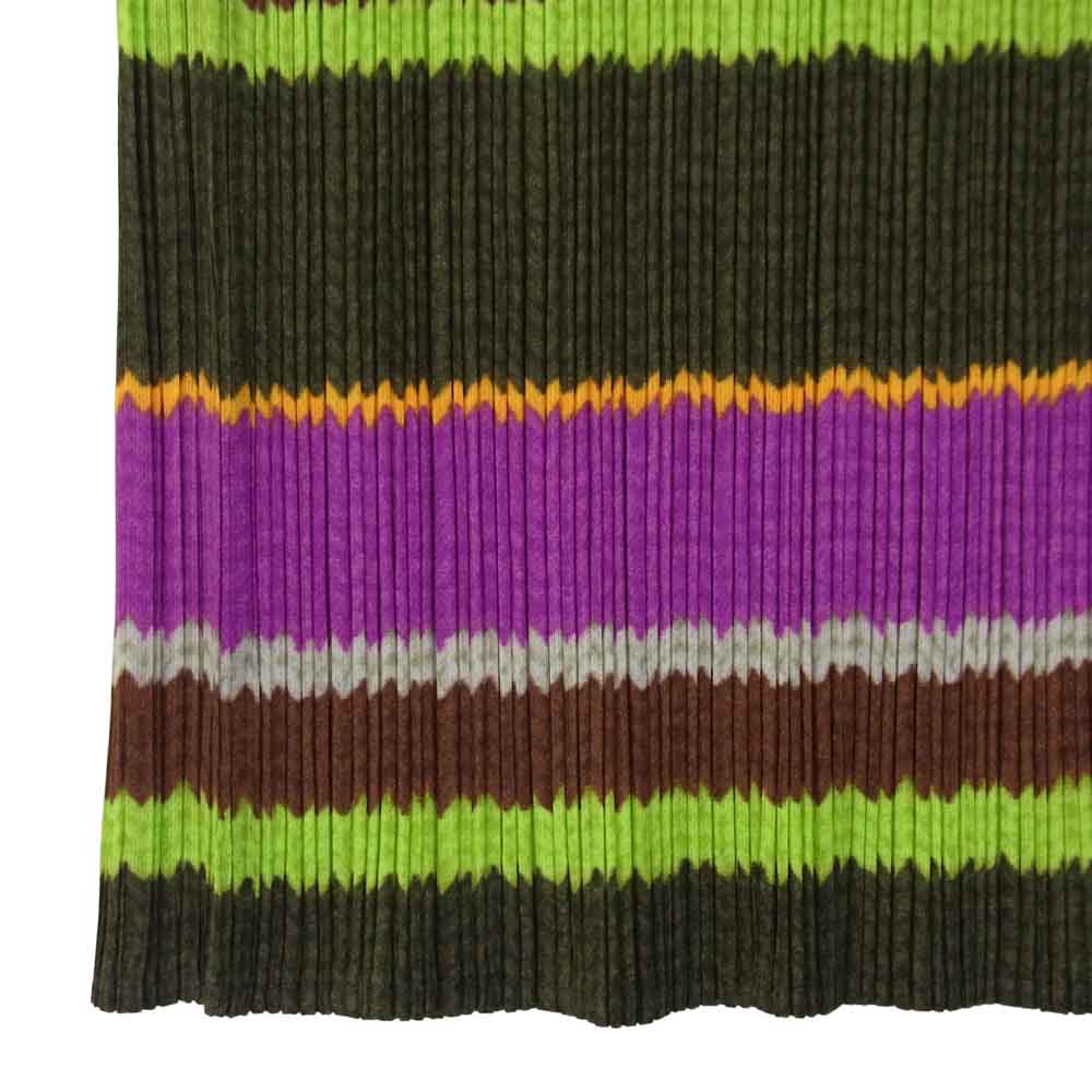 PLEATS PLEASE プリーツプリーズ イッセイミヤケ PP14-JH826 プリーツ加工 マルチボーダー ボトルネック フレンチスリーブ サイドスリット ロング ワンピース  マルチカラー系 4【美品】【中古】