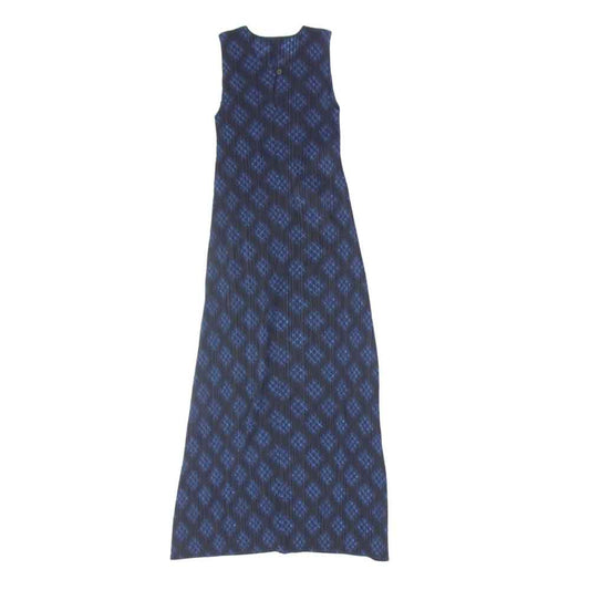 PLEATS PLEASE プリーツプリーズ イッセイミヤケ PP94-JH666 プリーツ加工 バイアスチェック ノースリーブ ロング ワンピース 青×黒 ネイビー系 3【極上美品】【中古】