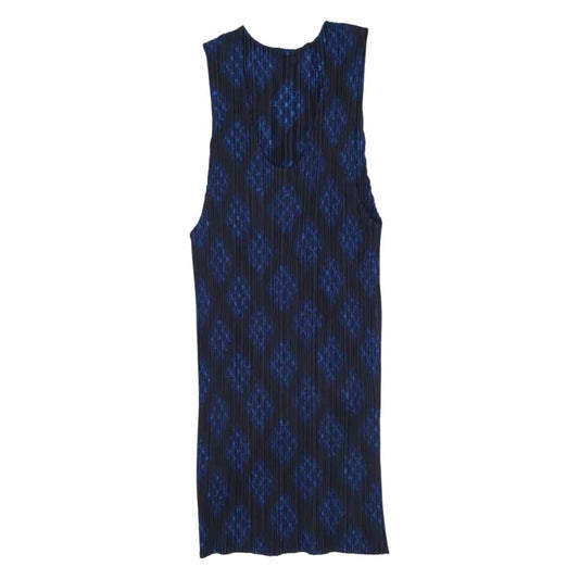 PLEATS PLEASE プリーツプリーズ イッセイミヤケ PP94-JK660 プリーツ加工 バイアスチェック ノースリーブ カットソー ダークネイビー系 ブルー系 3【美品】【中古】