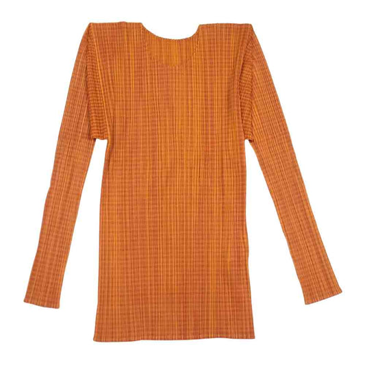 PLEATS PLEASE プリーツプリーズ イッセイミヤケ PP72--JK402 プリーツ加工 チェック柄 カットソー 長袖 オレンジ系 3【美品】【中古】