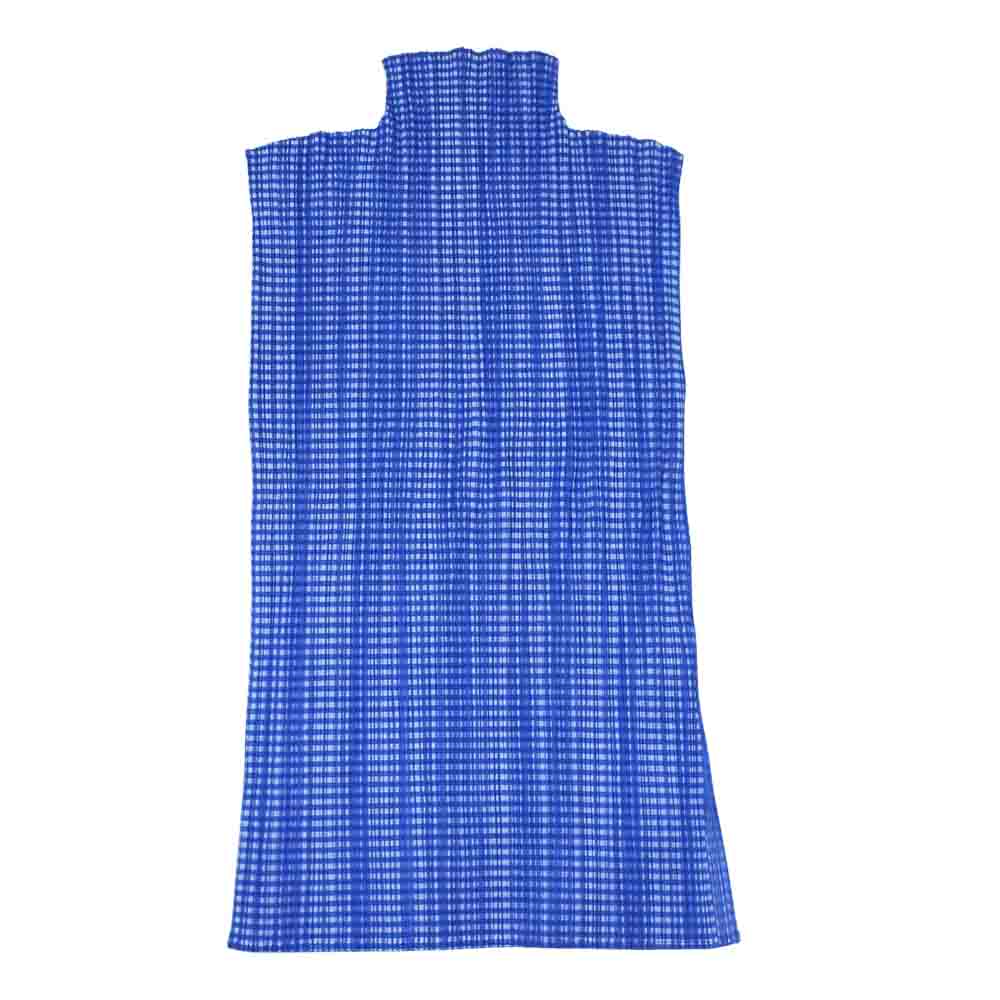 PLEATS PLEASE プリーツプリーズ イッセイミヤケ PP61-JK903 プリーツ加工 ギンガムチェック ボトルネック フレンチスリーブ サイドスリット カットソー ブルー系 F【美品】【中古】