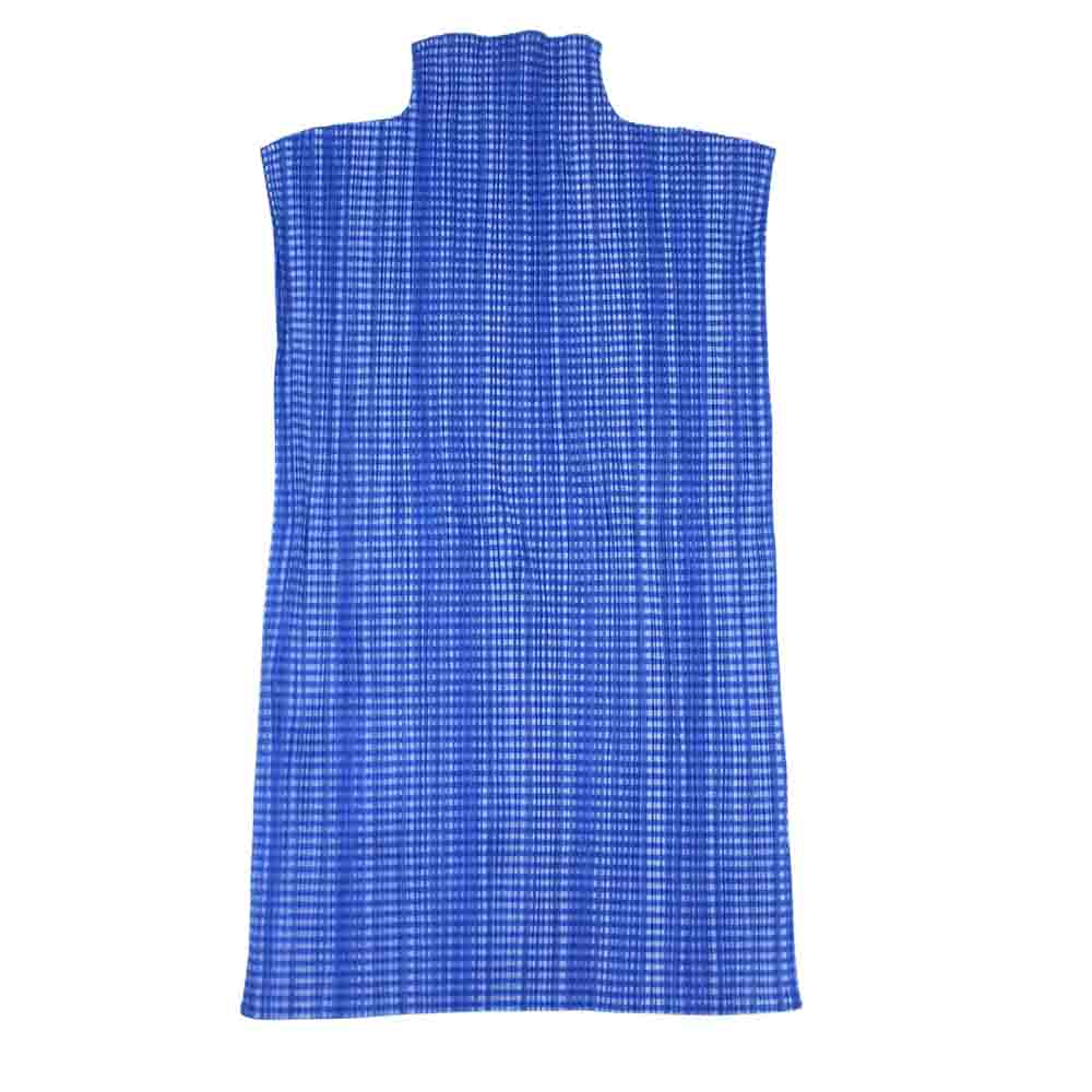 PLEATS PLEASE プリーツプリーズ イッセイミヤケ PP61-JK903 プリーツ加工 ギンガムチェック ボトルネック フレンチスリーブ サイドスリット カットソー ブルー系 F【美品】【中古】