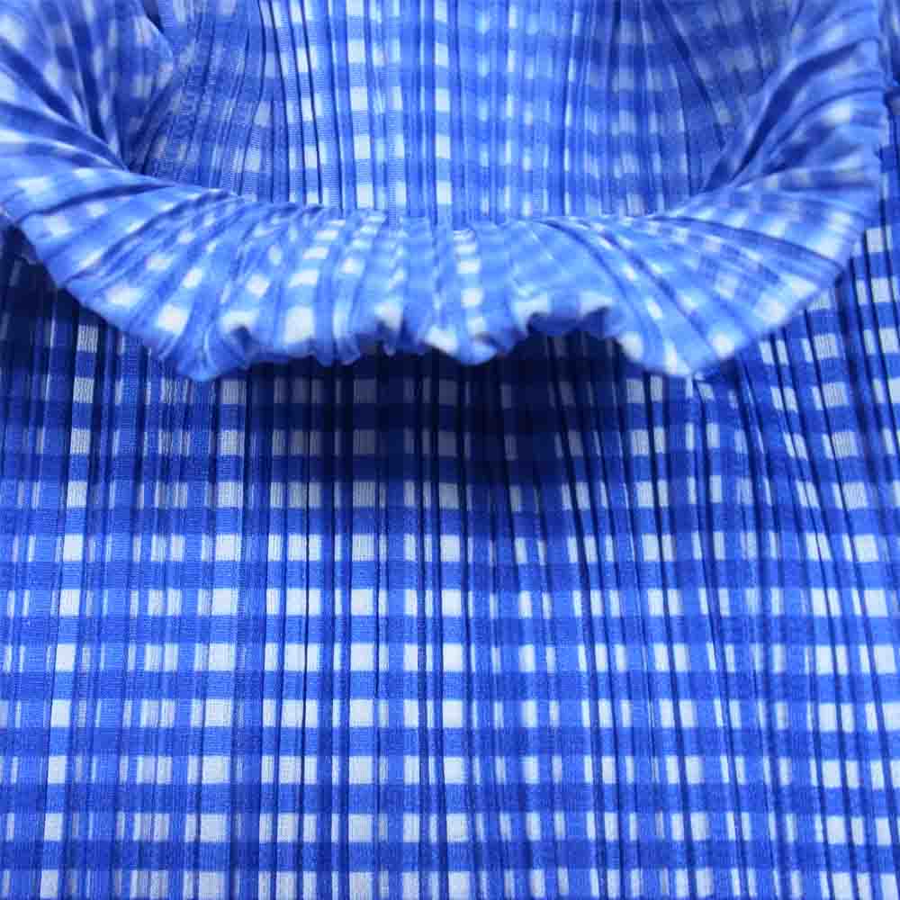 PLEATS PLEASE プリーツプリーズ イッセイミヤケ PP61-JK903 プリーツ加工 ギンガムチェック ボトルネック フレンチスリーブ サイドスリット カットソー ブルー系 F【美品】【中古】