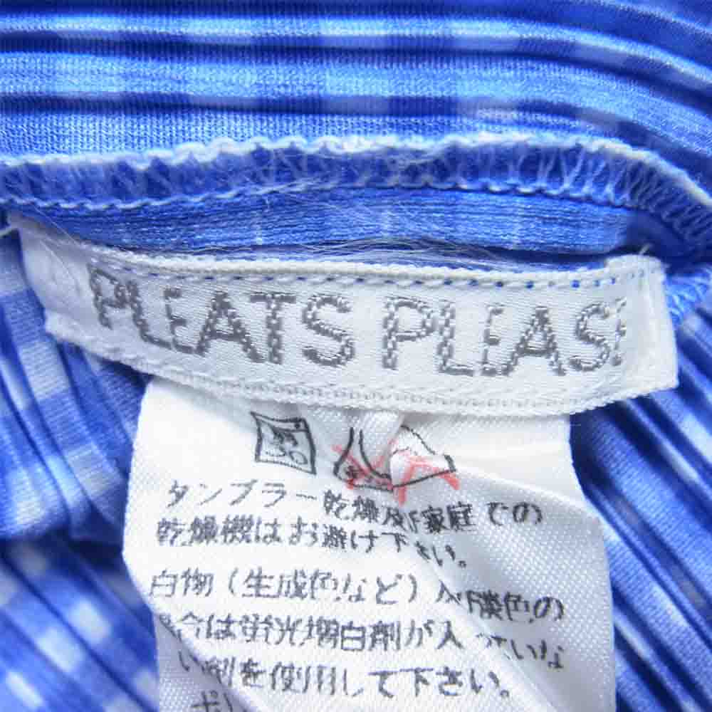 PLEATS PLEASE プリーツプリーズ イッセイミヤケ PP61-JK903 プリーツ加工 ギンガムチェック ボトルネック フレンチスリーブ サイドスリット カットソー ブルー系 F【美品】【中古】
