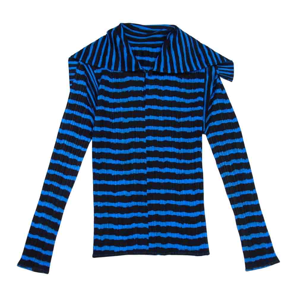 PLEATS PLEASE プリーツプリーズ イッセイミヤケ PP96-JK094 プリーツ加工 ボーダー セーラーカラー ブラウス 青×黒系 3【美品】【中古】