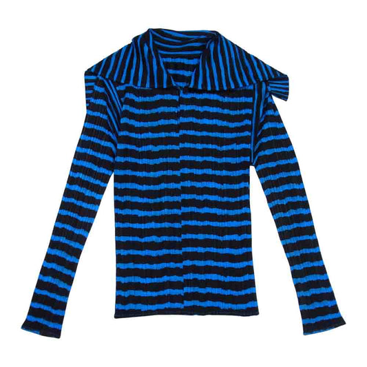 PLEATS PLEASE プリーツプリーズ イッセイミヤケ PP96-JK094 プリーツ加工 ボーダー セーラーカラー ブラウス 青×黒系 3【美品】【中古】