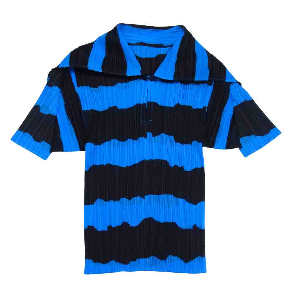 PLEATS PLEASE プリーツプリーズ イッセイミヤケ PP96-JK093 プリーツ加工 ボーダー セーラーカラー ブラウス 青×黒系 3【美品】【中古】