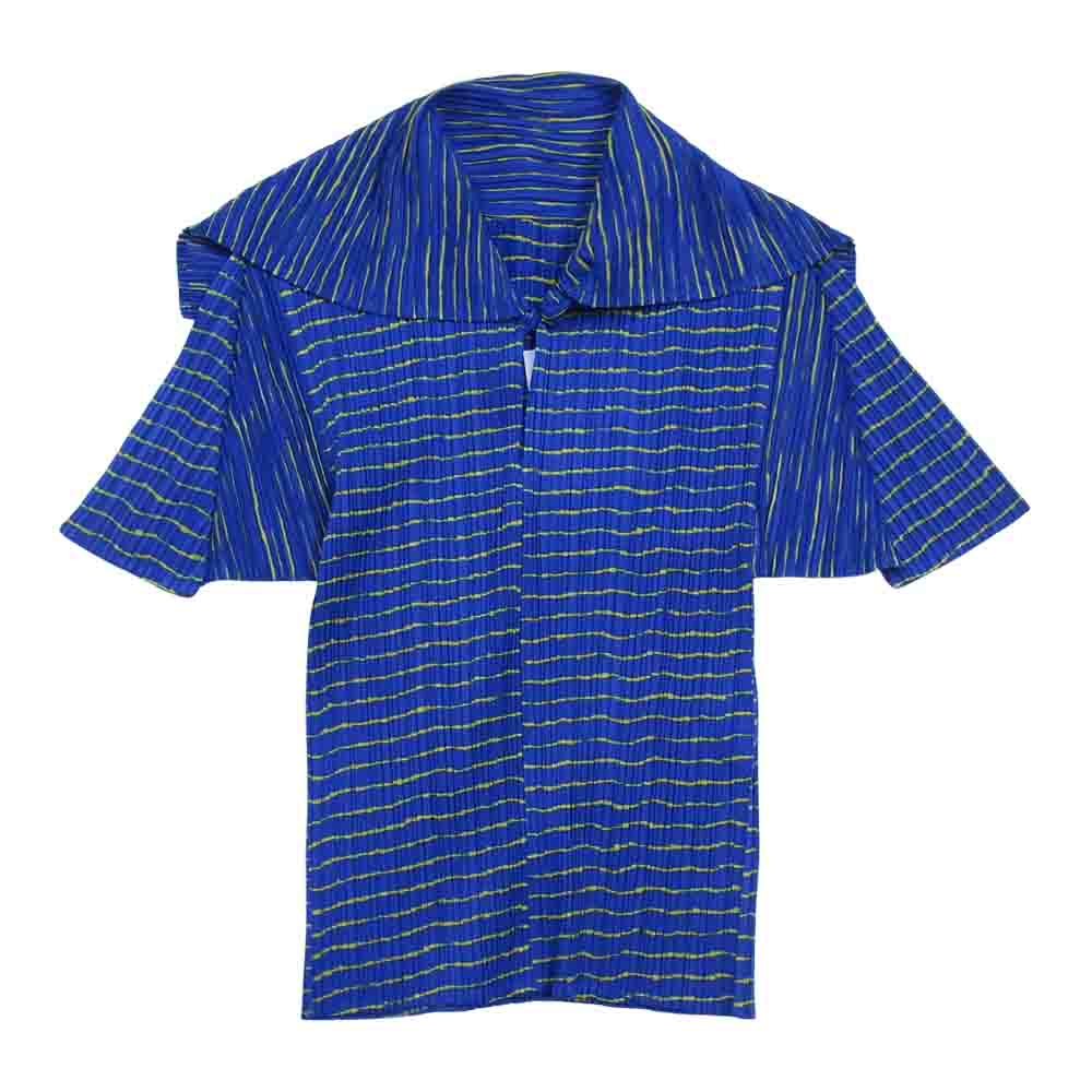 PLEATS PLEASE プリーツプリーズ イッセイミヤケ PP96-JK083 プリーツ加工 ボーダー セーラーカラー ブラウス ブルー系 3【美品】【中古】