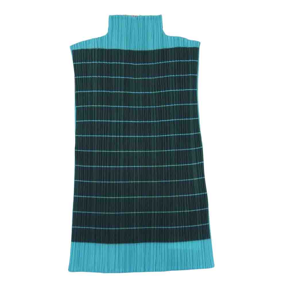 PLEATS PLEASE プリーツプリーズ イッセイミヤケ PP64-JK233 プリーツ加工 ボーダー ボトルネック フレンチスリーブ カットソー ベージュ×緑系 3【美品】【中古】