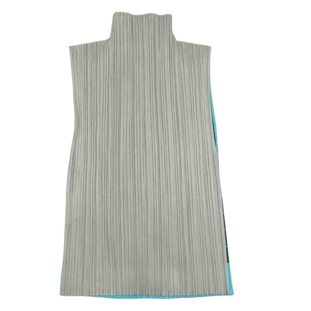 PLEATS PLEASE プリーツプリーズ イッセイミヤケ PP64-JK233 プリーツ加工 ボーダー ボトルネック フレンチスリーブ カットソー ベージュ×緑系 3【美品】【中古】