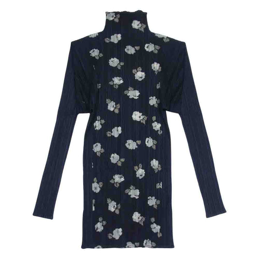 PLEATS PLEASE プリーツプリーズ イッセイミヤケ PP71-JK504 プリーツ加工 花柄 フラワー ボトルネック ロング カットソー 長袖 ブラック系 3【美品】【中古】