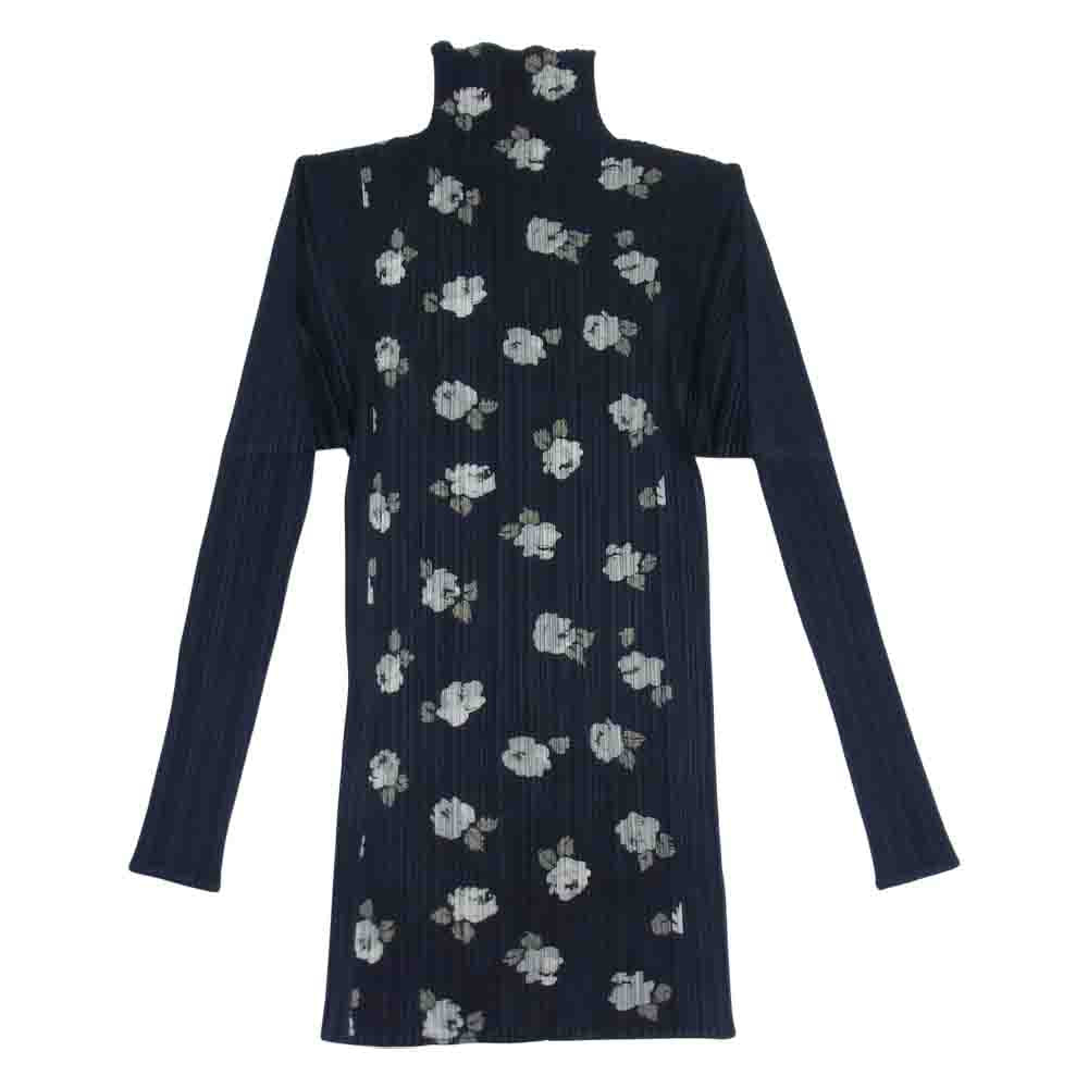 PLEATS PLEASE プリーツプリーズ イッセイミヤケ PP71-JK504 プリーツ加工 花柄 フラワー ボトルネック ロング カットソー 長袖 ブラック系 3【美品】【中古】