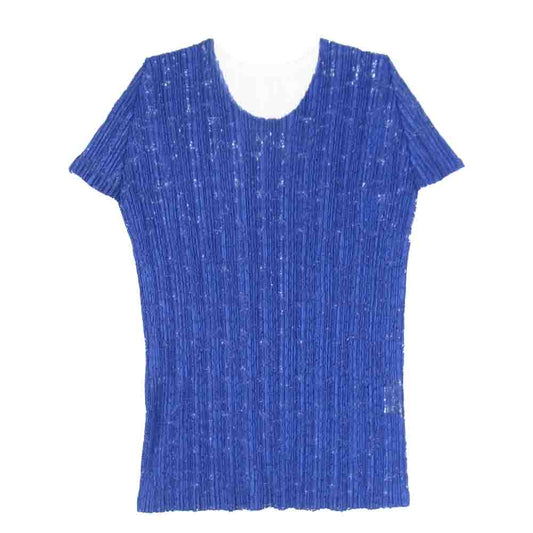 PLEATS PLEASE プリーツプリーズ イッセイミヤケ PP31-JK642 プリーツ加工 レースフロント バイカラー カットソー 青 ブルー系 2【美品】【中古】