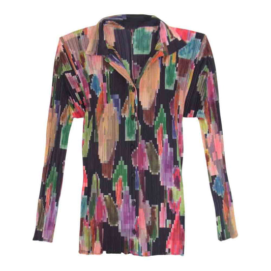 PLEATS PLEASE プリーツプリーズ イッセイミヤケ PP71-JK424 プリーツ加工 総柄 マルチカラー ロング シャツ ブラウス 長袖  マルチカラー系 3【美品】【中古】