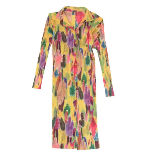 PLEATS PLEASE プリーツプリーズ イッセイミヤケ PP71-JK425 プリーツ加工 総柄 マルチカラー ロング シャツ ブラウス 長袖 マルチカラー系 3【美品】【中古】