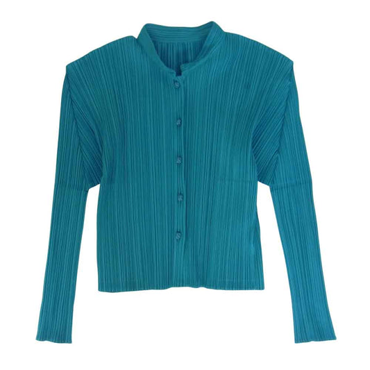 PLEATS PLEASE プリーツプリーズ イッセイミヤケ PP21-JD022 プリーツ加工 チャイナボタン ブラウス カーディガン ジャケット 青 グリーン系 3【美品】【中古】
