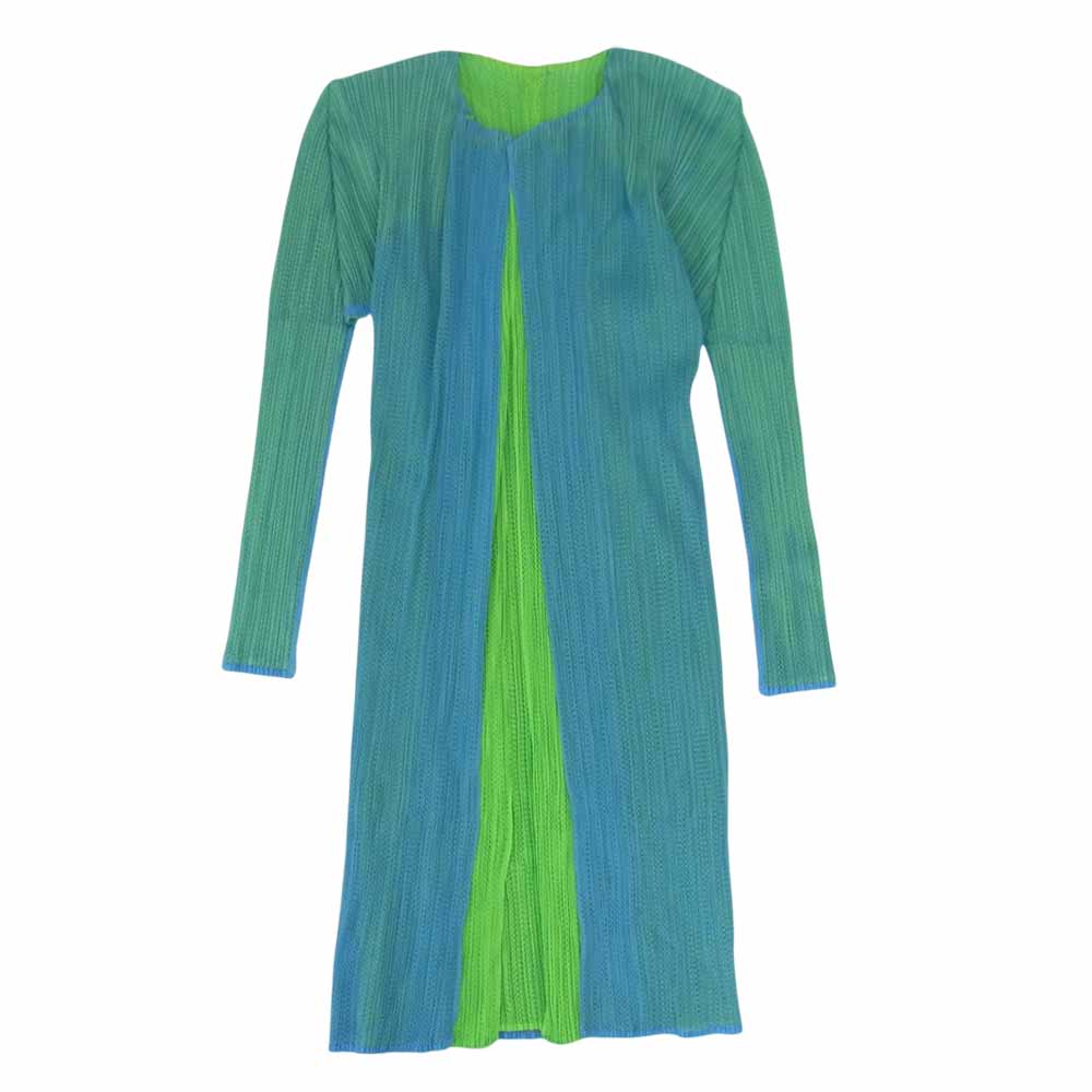 PLEATS PLEASE プリーツプリーズ イッセイミヤケ PP02-JO502 プリーツ加工 メッシュレイヤード バイカラー ロング カーディガン 長袖 ブルー系 3【美品】【中古】