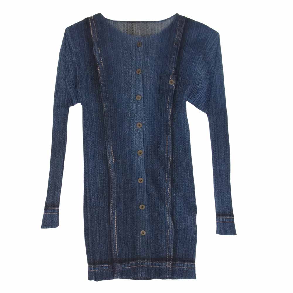 PLEATS PLEASE プリーツプリーズ イッセイミヤケ PP12-JO545 プリーツ加工 メッシュ デニム 転写 プリント シャツ ブラウス 長袖  ネイビー系 サイズ表記無【美品】【中古】