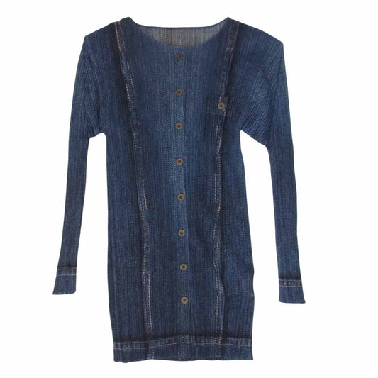 PLEATS PLEASE プリーツプリーズ イッセイミヤケ PP12-JO545 プリーツ加工 メッシュ デニム 転写 プリント シャツ ブラウス 長袖  ネイビー系 サイズ表記無【美品】【中古】