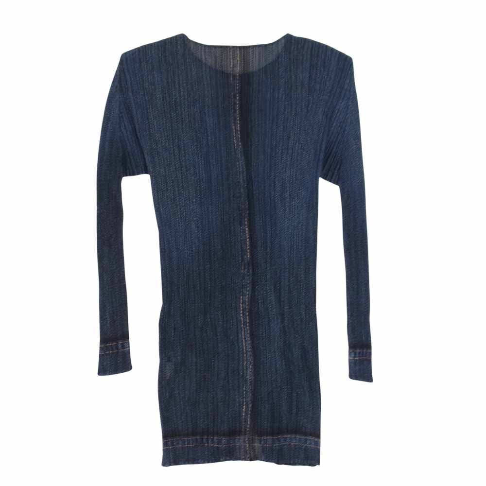 PLEATS PLEASE プリーツプリーズ イッセイミヤケ PP12-JO545 プリーツ加工 メッシュ デニム 転写 プリント シャツ ブラウス 長袖  ネイビー系 サイズ表記無【美品】【中古】