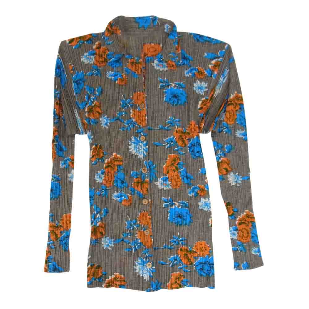 PLEATS PLEASE プリーツプリーズ イッセイミヤケ PP72-JK524 プリーツ加工 花柄 フラワー シャツ ブラウス 長袖 グレー×オレンジ×青 グレー系 3【美品】【中古】