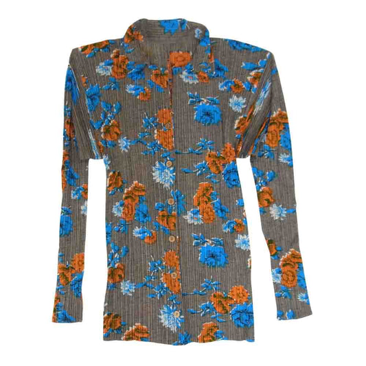 PLEATS PLEASE プリーツプリーズ イッセイミヤケ PP72-JK524 プリーツ加工 花柄 フラワー シャツ ブラウス 長袖 グレー×オレンジ×青 グレー系 3【美品】【中古】