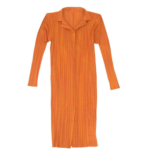 PLEATS PLEASE プリーツプリーズ イッセイミヤケ PP72-JK425 プリーツ加工 ギンガムチェック ロング シャツ ブラウス 長袖 オレンジ  オレンジ系 3【美品】【中古】