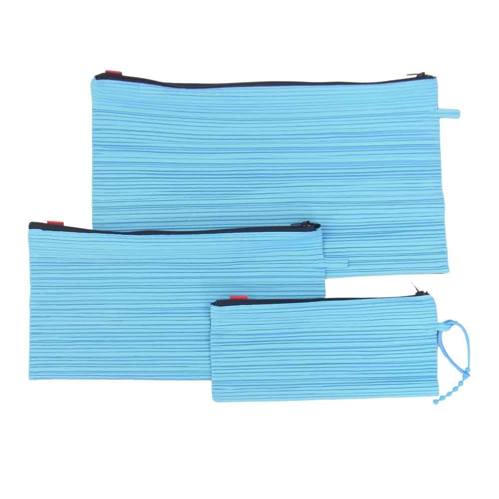 PLEATS PLEASE プリーツプリーズ イッセイミヤケ PP26-AG431 プリーツ加工 3P セット メッシュ ポーチ 水色 ライトブルー系【美品】【中古】