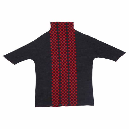 イッセイミヤケ プリーツ PP68FK715 ボックスプリーツ ボックスチェック ボルトネック カットソー 半袖 紫 ブラック系 3【美品】【中古】