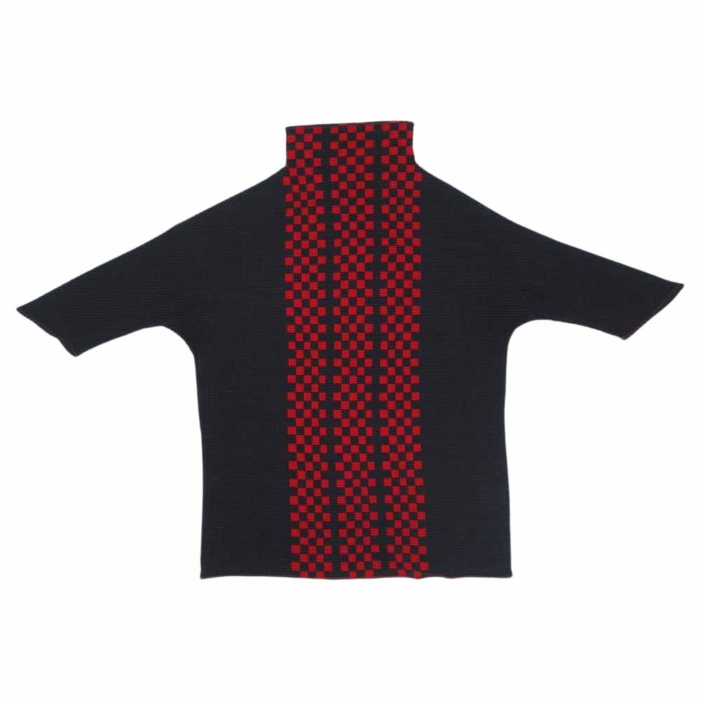 イッセイミヤケ プリーツ PP68FK715 ボックスプリーツ ボックスチェック ボルトネック カットソー 半袖 紫 ブラック系 3【美品】【中古】