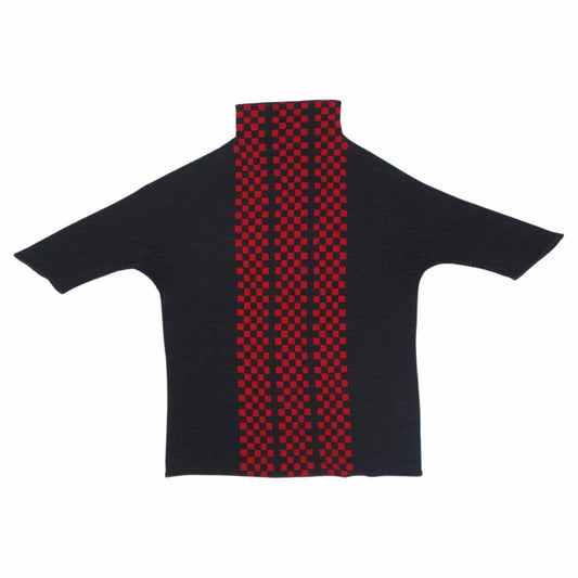 イッセイミヤケ プリーツ PP68FK715 ボックスプリーツ ボックスチェック ボルトネック カットソー 半袖 紫 ブラック系 3【美品】【中古】