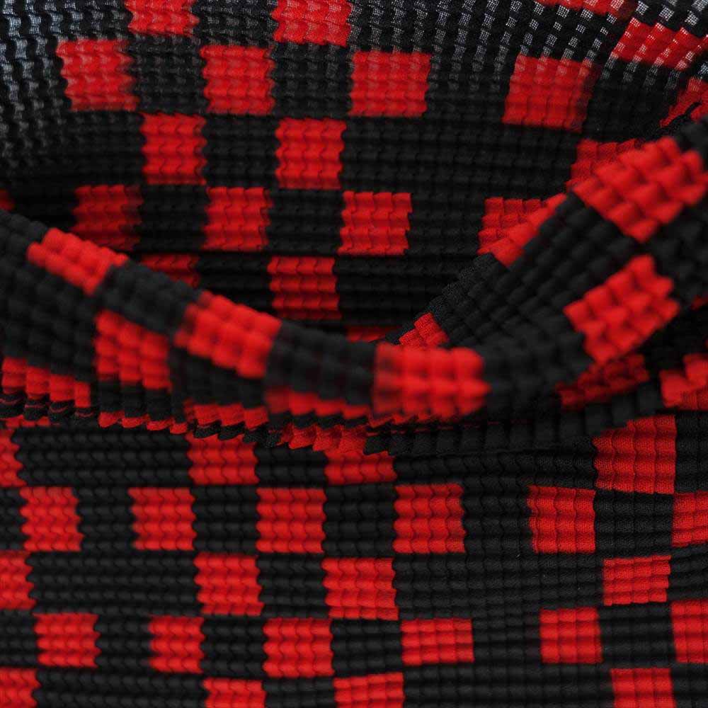 イッセイミヤケ プリーツ PP68FK715 ボックスプリーツ ボックスチェック ボルトネック カットソー 半袖 紫 ブラック系 3【美品】【中古】