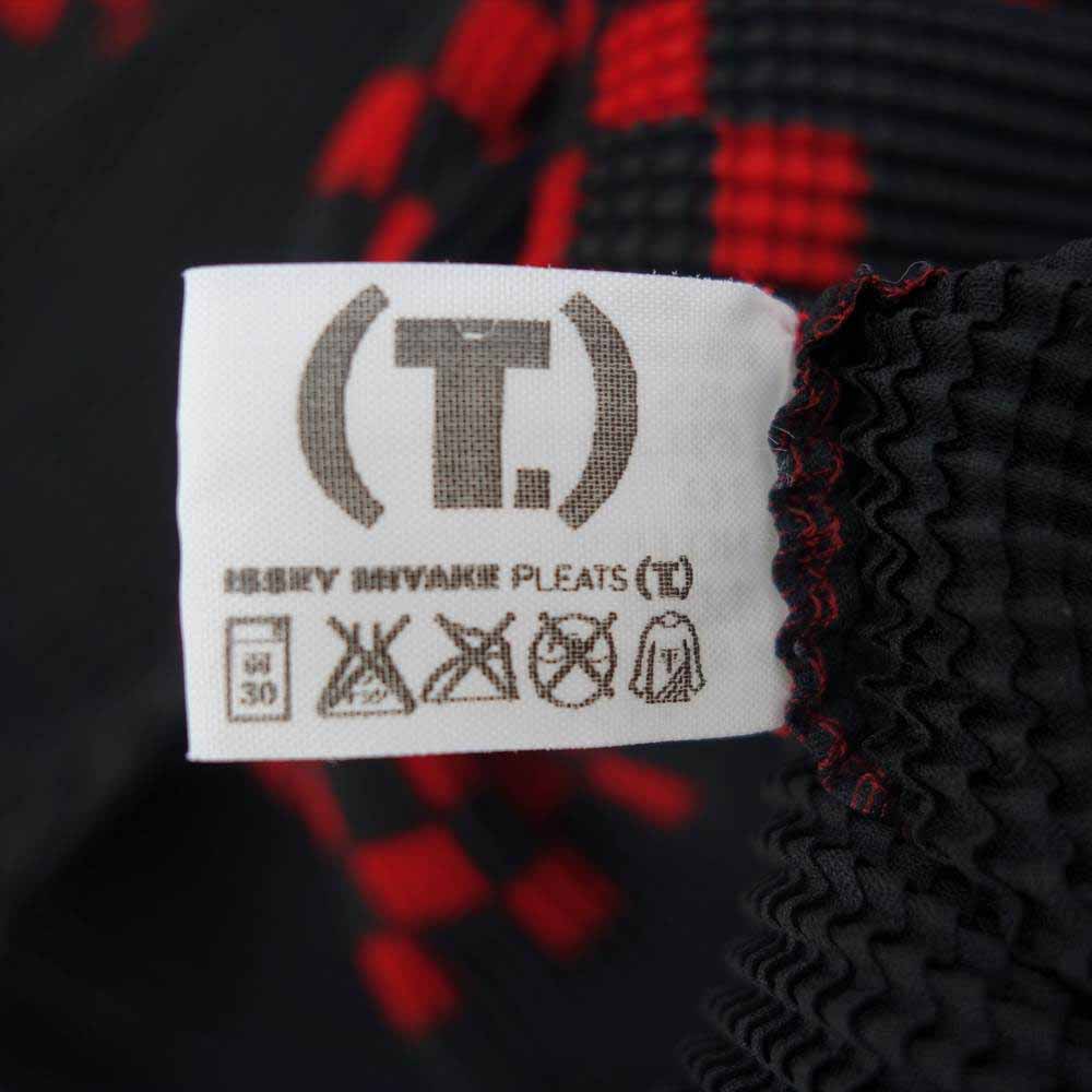 イッセイミヤケ プリーツ PP68FK715 ボックスプリーツ ボックスチェック ボルトネック カットソー 半袖 紫 ブラック系 3【美品】【中古】