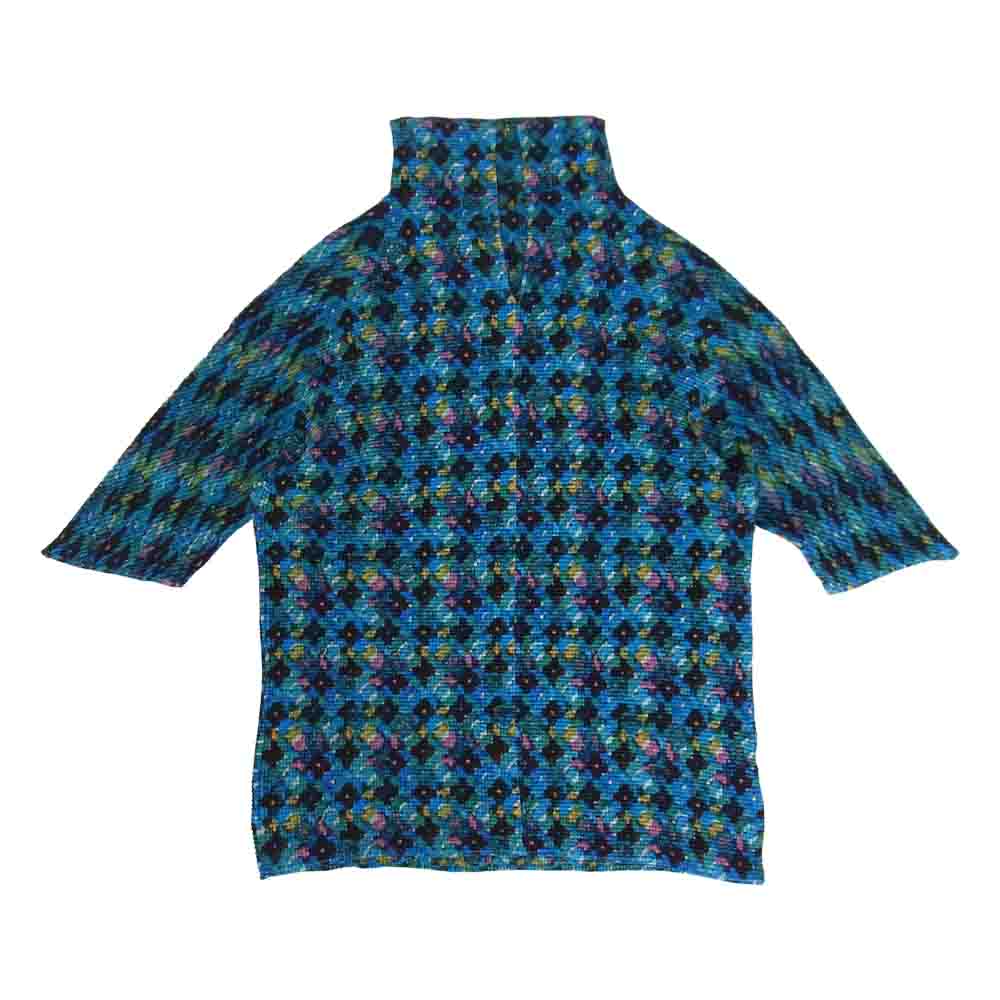 イッセイミヤケ プリーツ PP68FJ901 ボックスプリーツ 総柄 ボルトネック カットソー 半袖 青  ブルー系 3【美品】【中古】