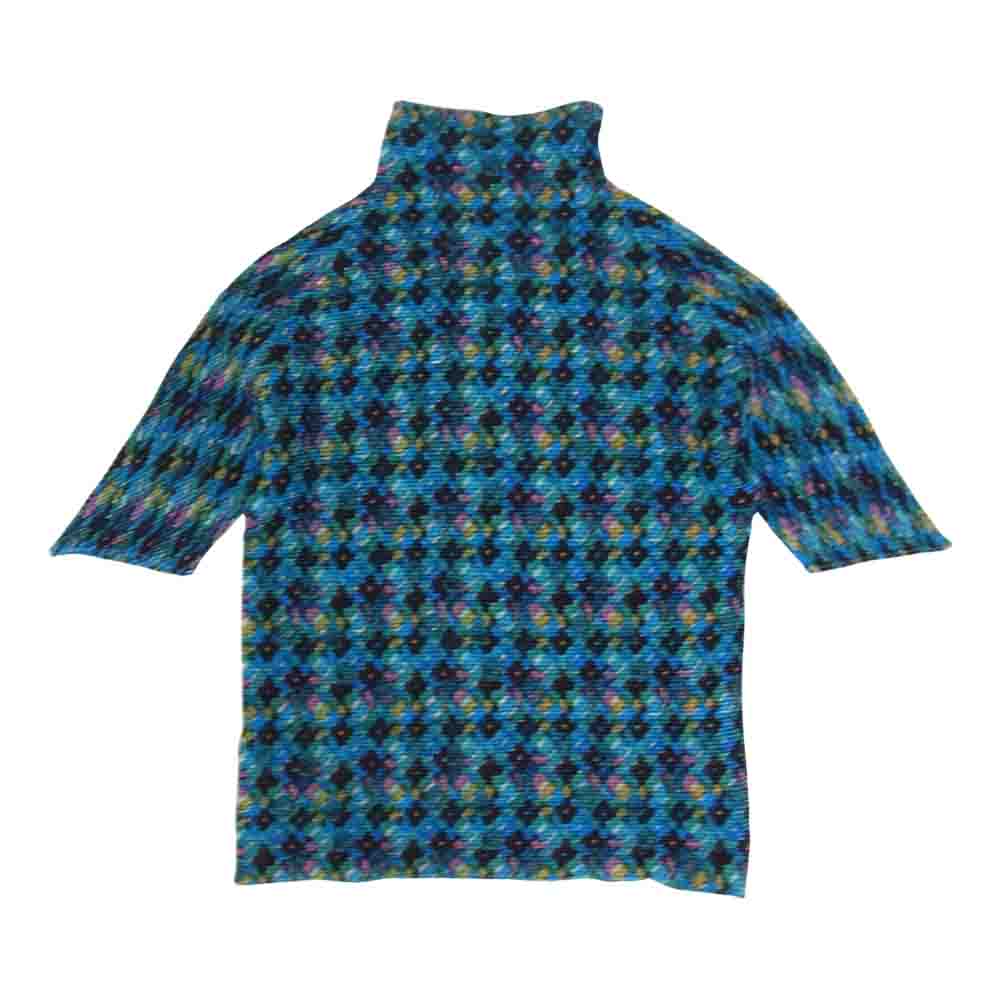 イッセイミヤケ プリーツ PP68FJ901 ボックスプリーツ 総柄 ボルトネック カットソー 半袖 青  ブルー系 3【美品】【中古】