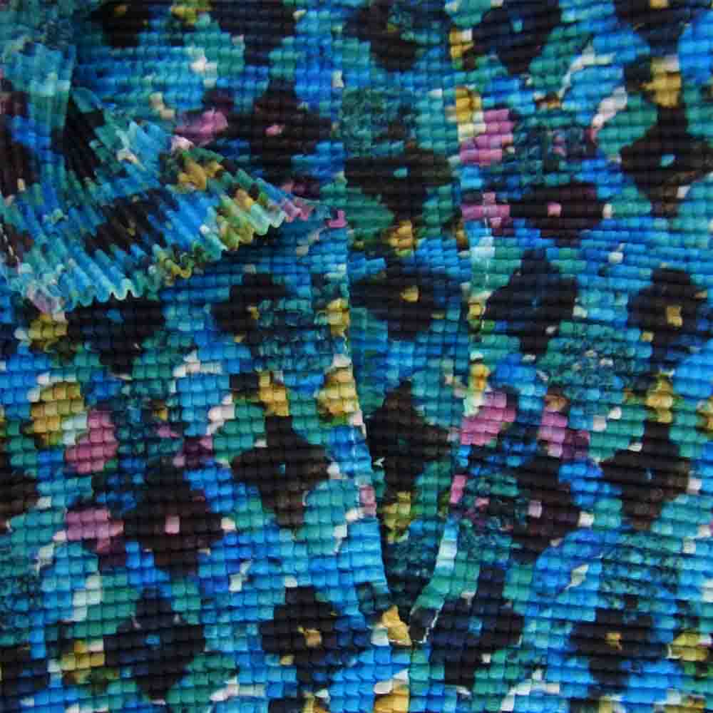 イッセイミヤケ プリーツ PP68FJ901 ボックスプリーツ 総柄 ボルトネック カットソー 半袖 青  ブルー系 3【美品】【中古】