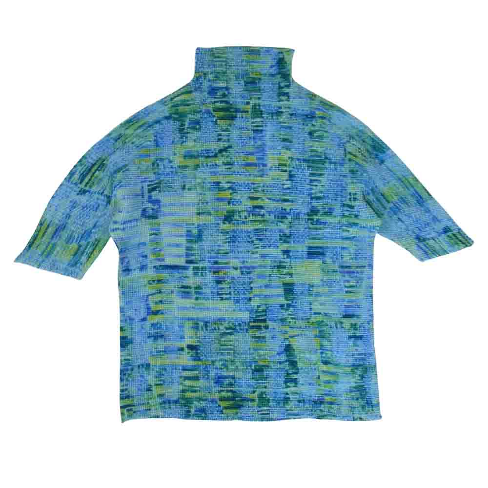 イッセイミヤケ プリーツ PP16FK318 ボックスプリーツ 総柄 ボルトネック カットソー 半袖 青  ライトブルー系 3【美品】【中古】