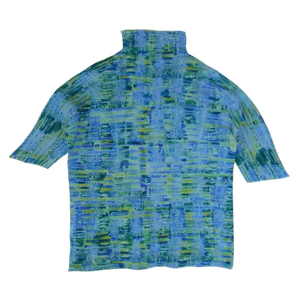 イッセイミヤケ プリーツ PP16FK318 ボックスプリーツ 総柄 ボルトネック カットソー 半袖 青  ライトブルー系 3【美品】【中古】