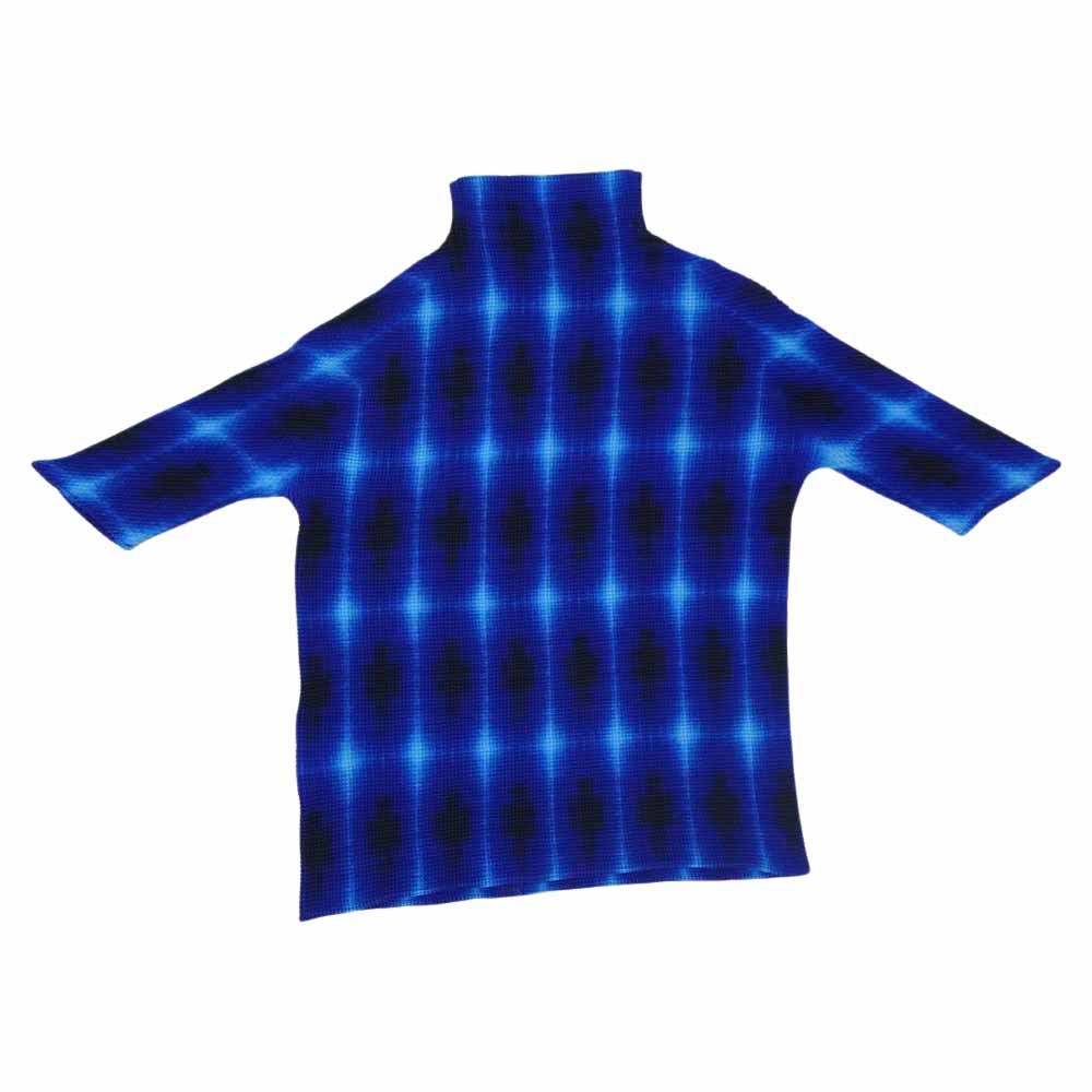 イッセイミヤケ プリーツ PP68FK605 ボックスプリーツ 総柄 ボルトネック カットソー 半袖 青  ブルー系 3【美品】【中古】