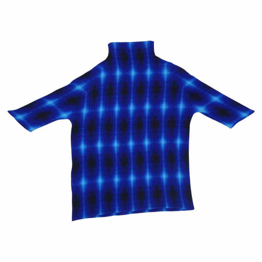 イッセイミヤケ プリーツ PP68FK605 ボックスプリーツ 総柄 ボルトネック カットソー 半袖 青  ブルー系 3【美品】【中古】