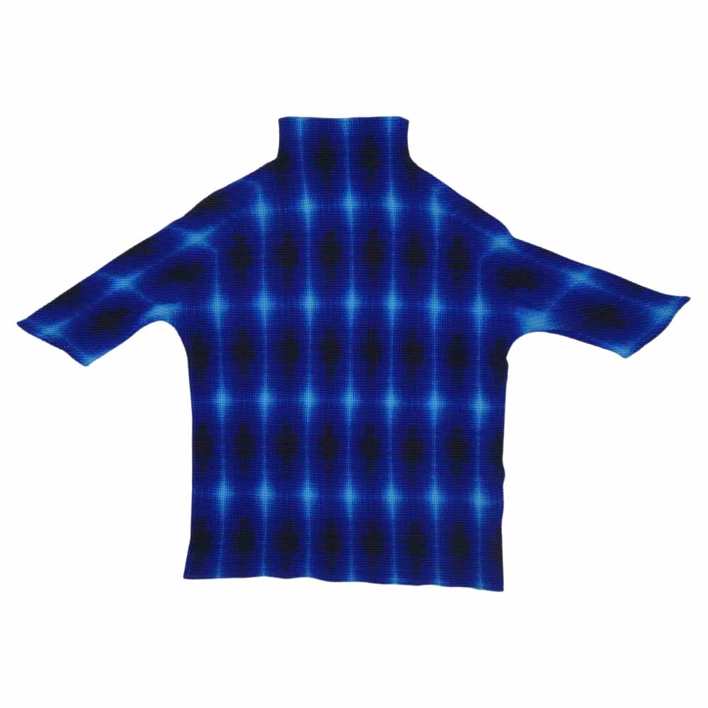 イッセイミヤケ プリーツ PP68FK605 ボックスプリーツ 総柄 ボルトネック カットソー 半袖 青  ブルー系 3【美品】【中古】