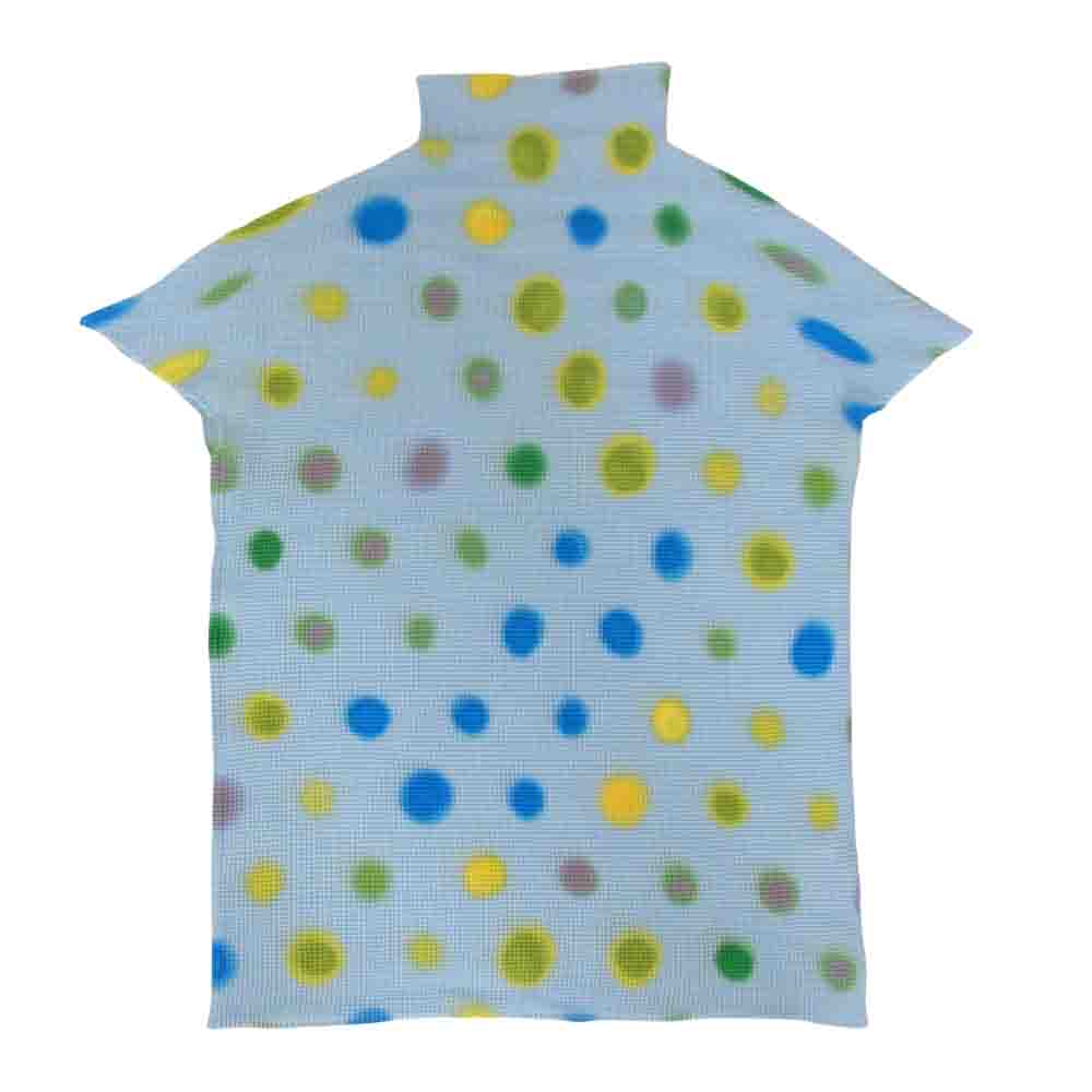 イッセイミヤケ プリーツ PP16-FK613 ボックスプリーツ ドット柄 ボトルネック フレンチスリーブ カットソー ライトブルー系 3【美品】【中古】