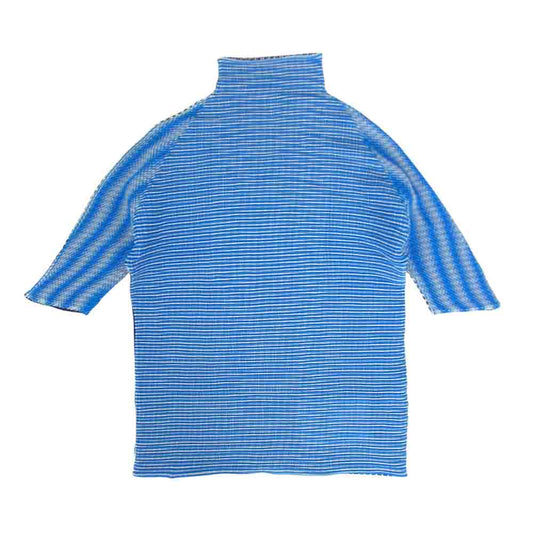 イッセイミヤケ プリーツ PP16FK215 ボックスプリーツ ストライプ ボトルネック カットソー 半袖 青  ブルー系 3【美品】【中古】