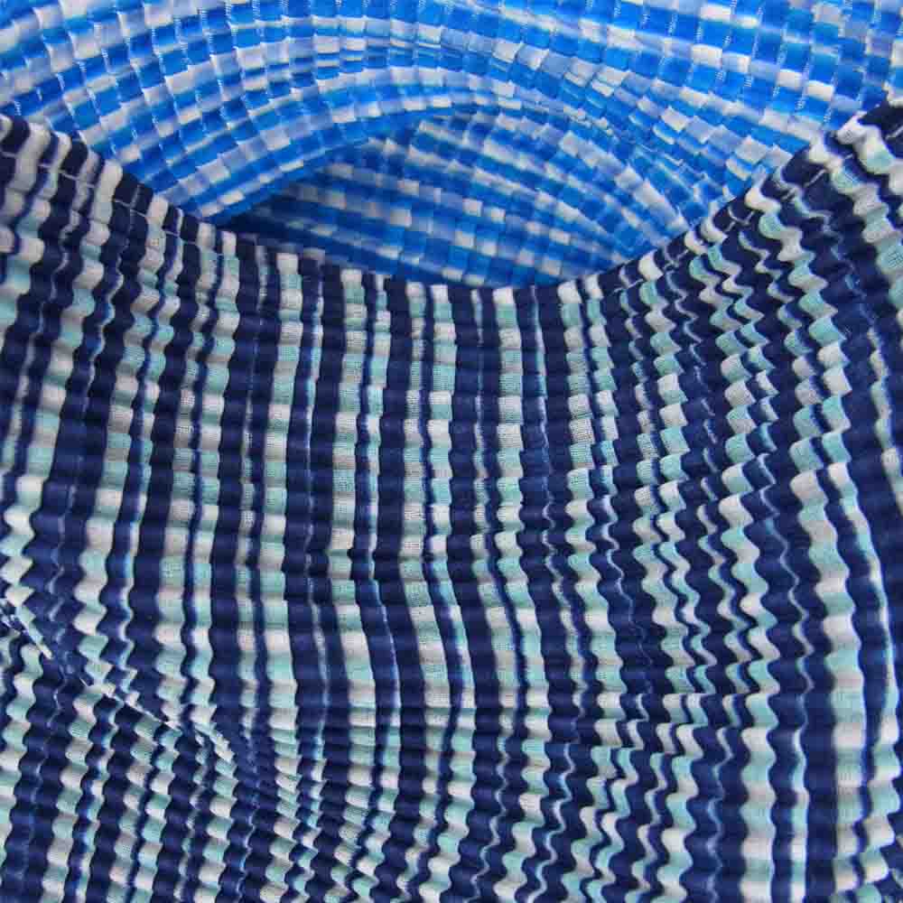 イッセイミヤケ プリーツ PP16FK215 ボックスプリーツ ストライプ ボトルネック カットソー 半袖 青  ブルー系 3【美品】【中古】