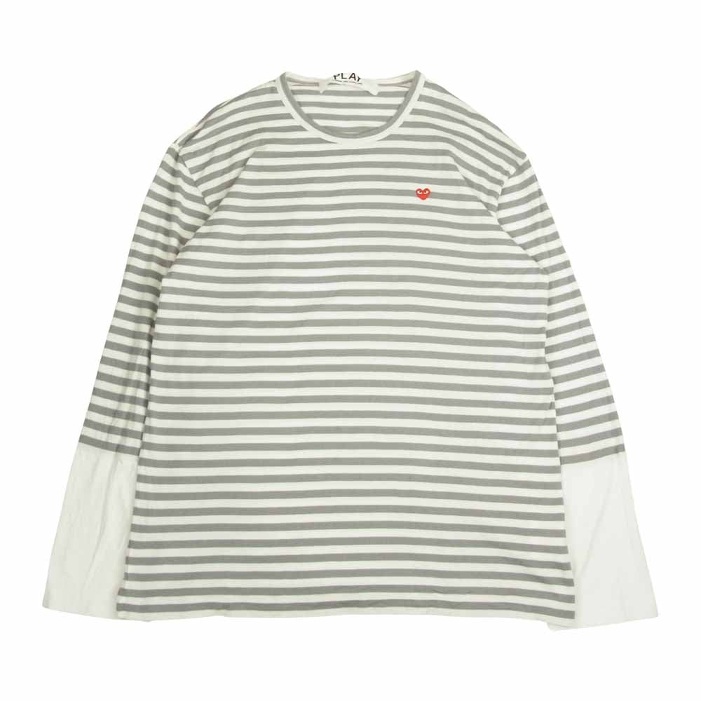 COMME des GARCONS コムデギャルソン PLAY プレイ AZ-T320 AD2021 STRIPED LONG BLOCK SLEEVE T-SHIRT ロゴ刺繍 ボーダー 袖切替 長袖 Tシャツ カットソー グレー系 ホワイト系 XXL【中古】
