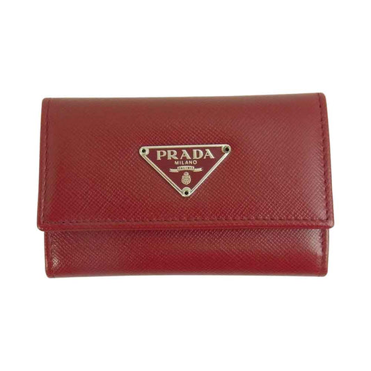 PRADA プラダ サフィアーノ トライアングル ロゴ キーケース ワインレッド系【中古】